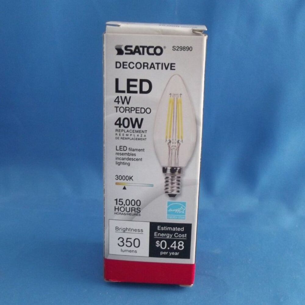 Satco S29890, 4W B11 LED; Clear; Candelabra base; 3000K; 350 Lumens; 120V